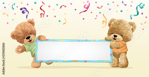 Hand drawn two cute teddy bear cartoon holding blank banner