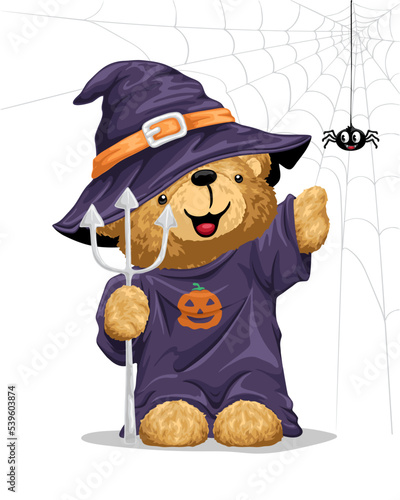 Hand drawn teddy bear cartoon holding trident in halloween costume with little spider
