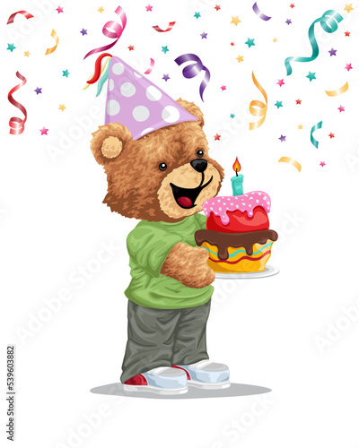 Hand drawn teddy bear cartoon with cake in birthday party