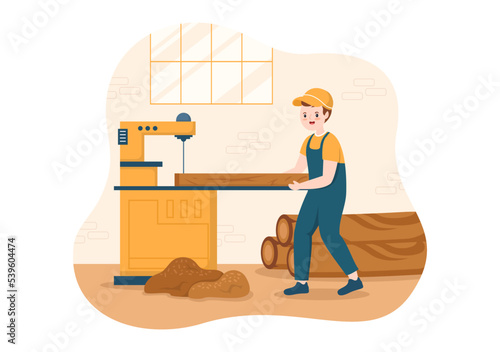 People Tree Cutting and Timber with Truck, Chainsaw Wooden and Tools Logging in the Forest on Flat Cartoon Hand Drawn Templates Illustration