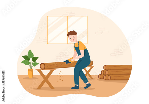 People Tree Cutting and Timber with Truck, Chainsaw Wooden and Tools Logging in the Forest on Flat Cartoon Hand Drawn Templates Illustration