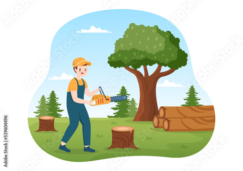 People Tree Cutting and Timber with Truck, Chainsaw Wooden and Tools Logging in the Forest on Flat Cartoon Hand Drawn Templates Illustration