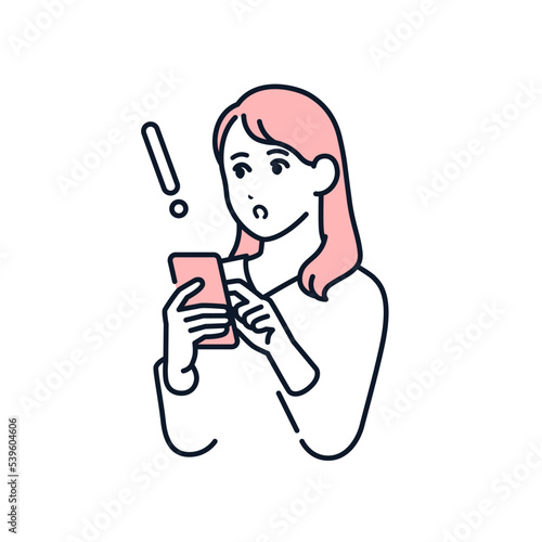 スマホを見て驚く若い女性のシンプルなベクターイラスト素材