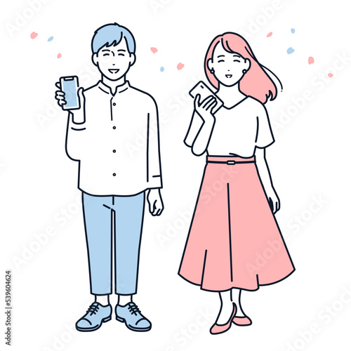 笑顔でスマホを持つ若い男女のベクターイラスト素材