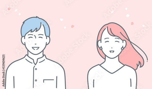 笑顔の若い男女と桜のシンプルなベクターイラスト素材