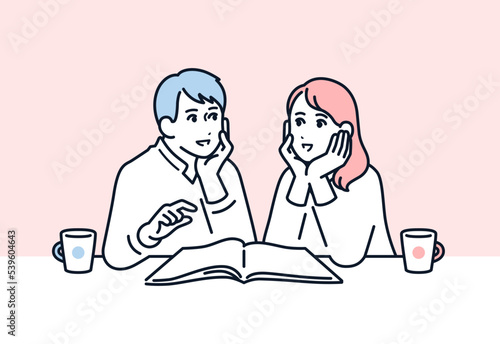 カタログを見ながら相談する若いカップルのシンプルなベクターイラスト素材