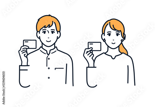 笑顔でカードを持つ若い男女のシンプルなベクターイラスト素材