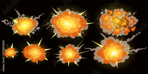 Cartoon explosions set on black screen. Vector flame from the detonation of explosives or combustible materials. An effect to add to burning designs. Stock illustration of destructive energy.