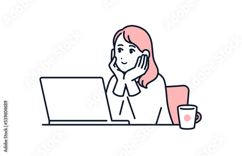 パソコンで動画を視聴する若い女性のシンプルなベクターイラスト素材