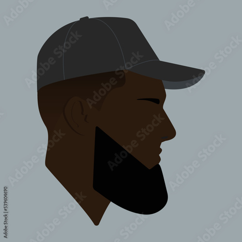 Silhouette. Portrait. Face. Black man head. Man head flat colored illustration. Head silhouette. Bearded black man. The head of a black guy in a baseball cap.