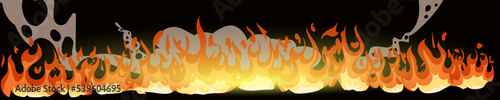 Cartoon fire with smoke on a black background. Vector illustration with arson of a vertical surface for a bright banner. Flaming tongues of fire.