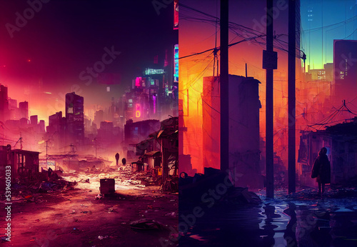 Cyberpunk neon lights flooding city  future  sunset in the city  collection
