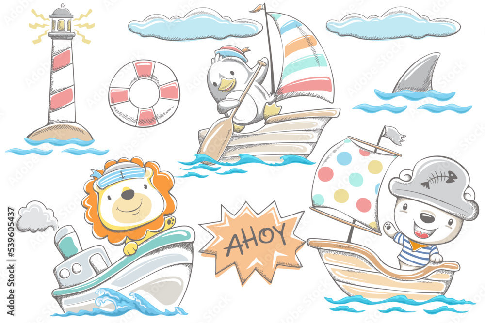 Naklejka premium Hand drawn funny animals sailor with sea elements