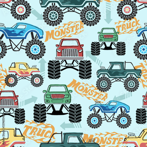 Seamless pattern of monster truck cartoon