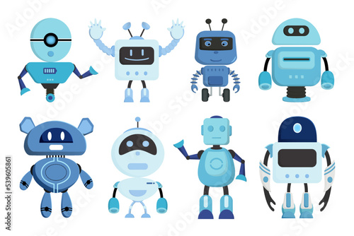 Robots character vector set design. Robotic cartoon characters standing in white background  with humanoid and cyborg faces for robot collection. Vector illustration.  © ZeinousGDS
