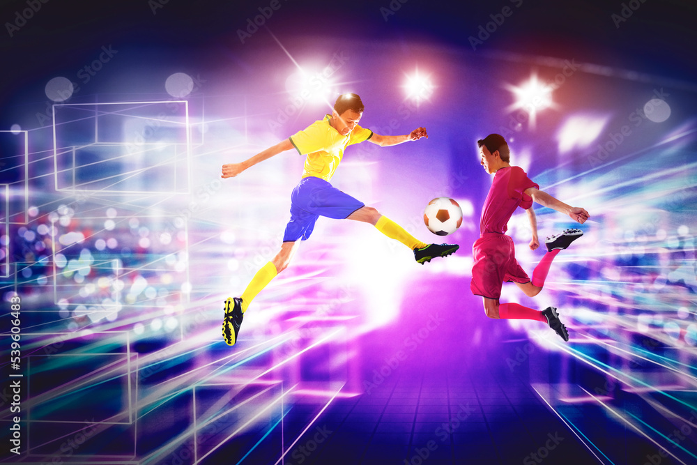 Two soccer players playing a ball in cyberspace