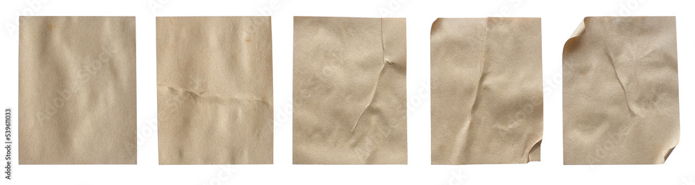 Blank brown crumpled and creased paper poster texture set isolated on white background.