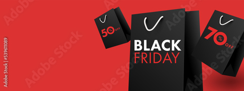 Black Friday Sale website banner. Horizontal Poster in black, red and white colors with 3d realistic paper shopping bag and modern typography. Minimal template for advertising, social media and ads