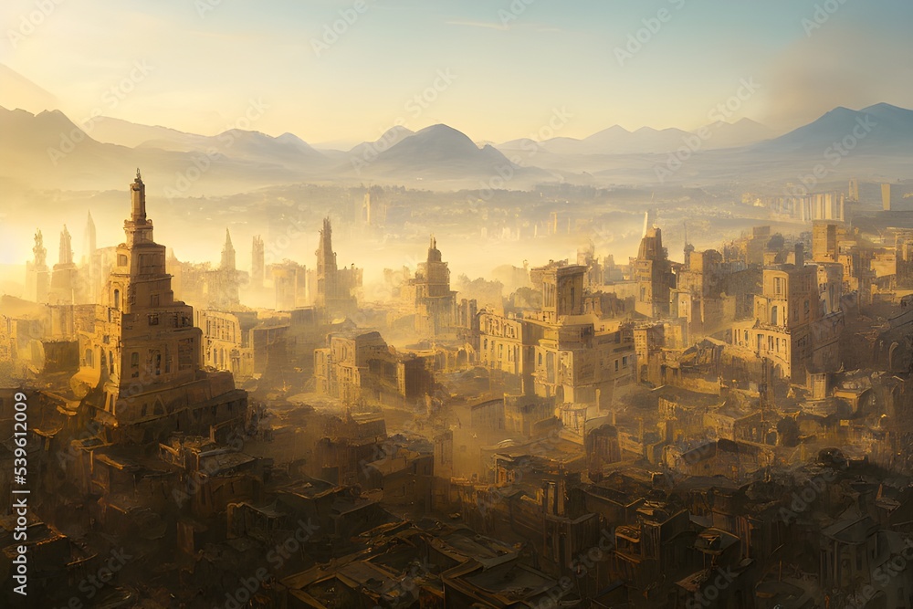Fototapeta premium Sun rises on an ancient, powerful city..