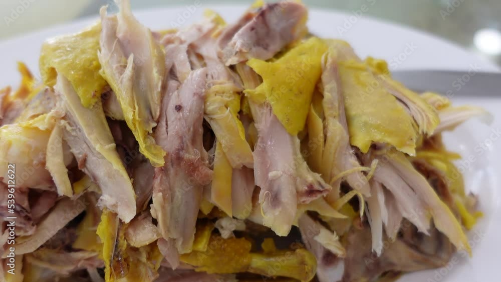 Chinese style shredded pulled chicken dried marinated meat with soy sauce Teochew food menu Chinese style shredded pulled chicken dried marinated meat with soy sauce Teochew food menu