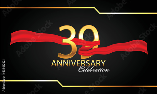 39 anniversary celebration. 39th anniversary celebration. 39 year anniversary celebration with red ribbon and black background.