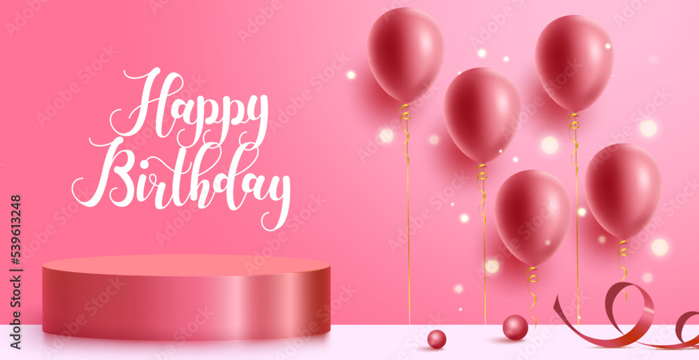 Birthday text vector background design. Happy birthday greeting with podium and balloons elements for pink birth day mock up decoration. Vector illustration.
