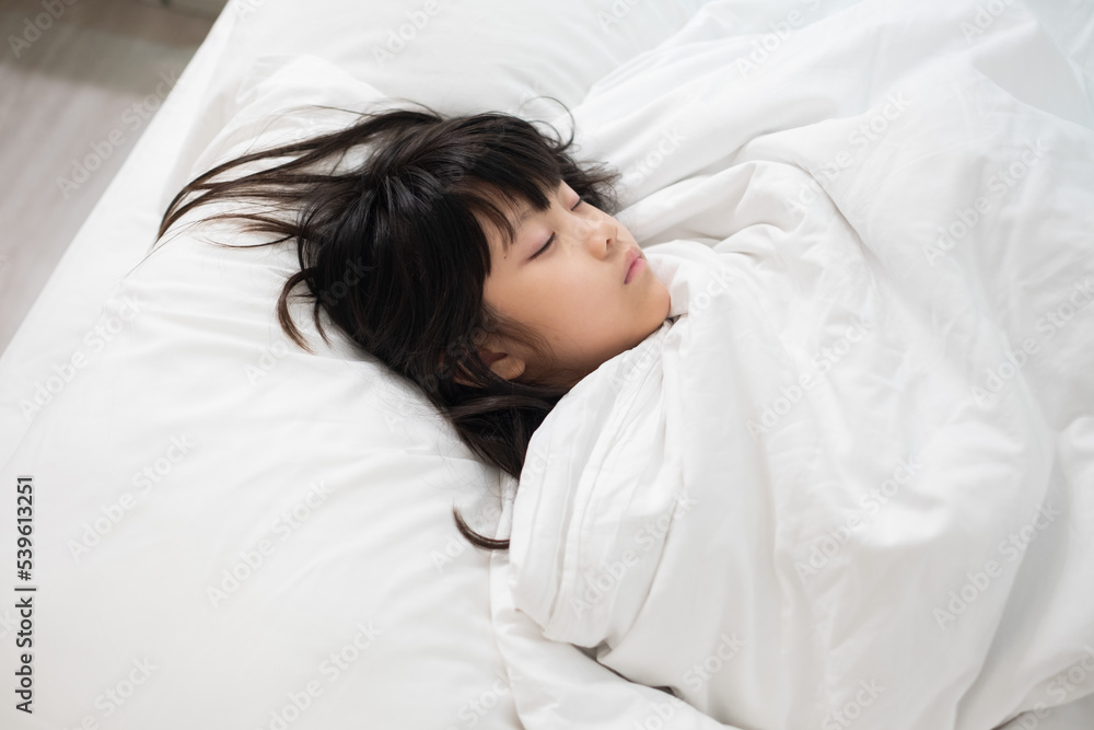 asian kid sleep on bed, sick child asian kid sleep on bed, sick child