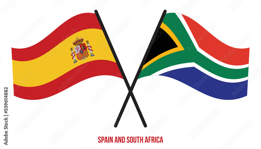 Spain and South Africa Flags Crossed And Waving Flat Style. Official Proportion. Correct Colors. Spain and South Africa Flags Crossed And Waving Flat Style. Official Proportion. Correct Colors.