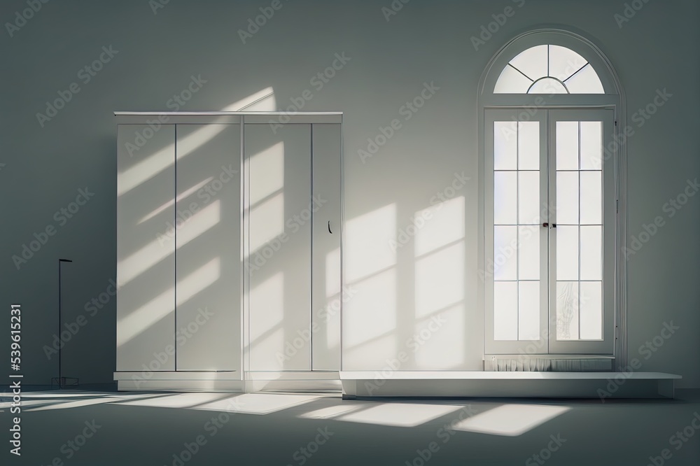 Fototapeta premium Idea of white empty room with wardrobe and white landscape in large window. Scandinavian interior design. 3D illustration
