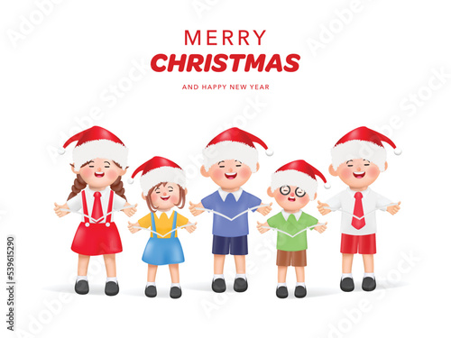 Merry christmas and happy new year cute character singing christmas carol song. 3D cartoon kid celebrating gifts in Merry Christmas and happy new year.