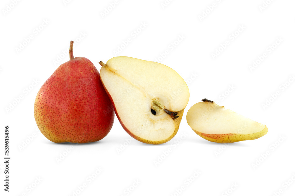 Whole and half cut pears on white background Whole and half cut pears on white background