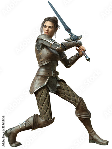 3D Rendered Female Warrior Isolated On Transparent Background Fighting With Sword - 3D Illustration