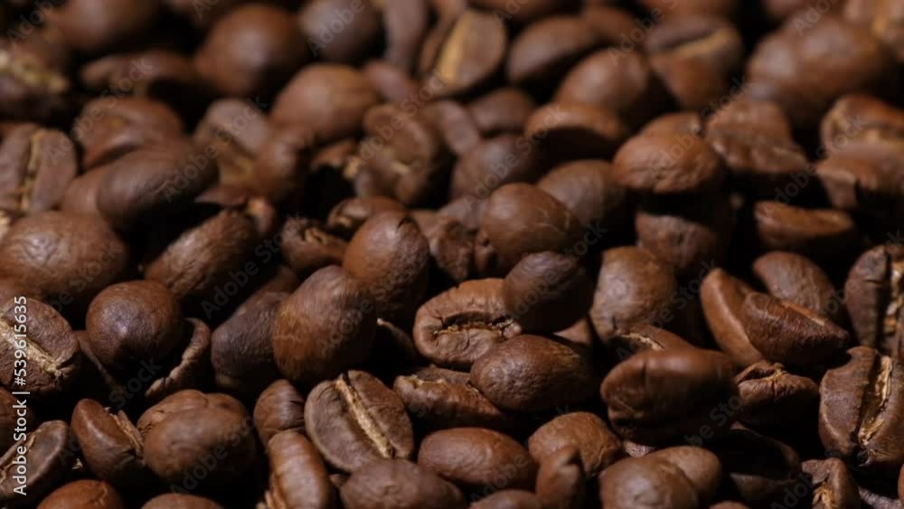 Slow motion of roasted coffee beans falling. Organic coffee seeds.
Slow motion of roasted coffee beans falling. Organic coffee seeds.