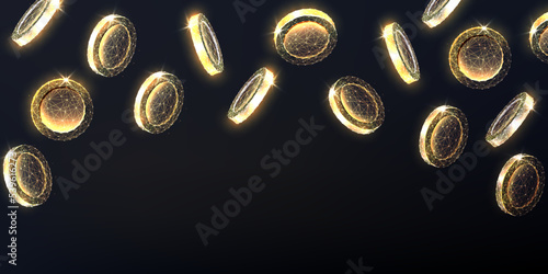 Abstract falling gold coins, money web banner with copy space for text on black background.