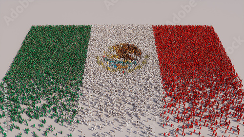 A Crowd of People gathering to form the Flag of Mexico. Mexican Banner on White. photo