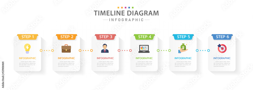 Infographic template for business. 6 Steps modern Timeline diagram calendar with rectangle title and icon, presentation vector infographic.