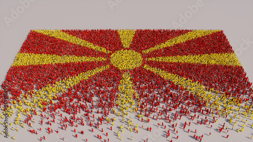 Aerial view of a Crowd of People, coming together to form the Flag of North Macedonia. North Macedonian Banner on White Background. photo