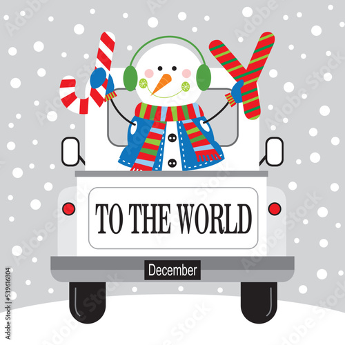 merry christmas card with snowman on the car and joy text