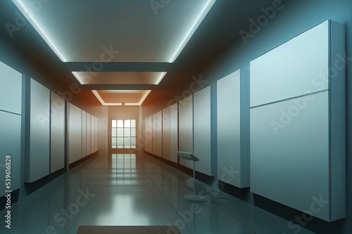 Futuristic Sci Fi Hallway Interior with Computer and Monitor Screen on Wall, 3D Rendering