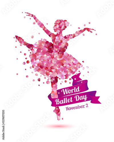 World Ballet Day. November 2. Vector banner with ballerina silhouette of pink rose petals