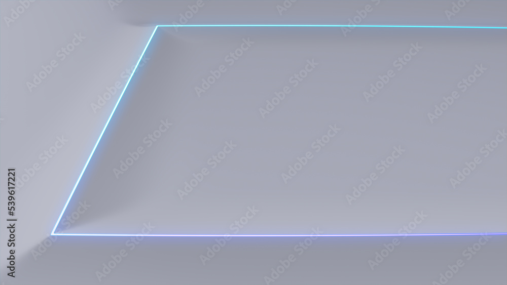 White Surface with Embossed Shape and Blue Illuminated Trim. Tech Background with Neon Rectangle. 3D Render. White Surface with Embossed Shape and Blue Illuminated Trim. Tech Background with Neon Rectangle. 3D Render.