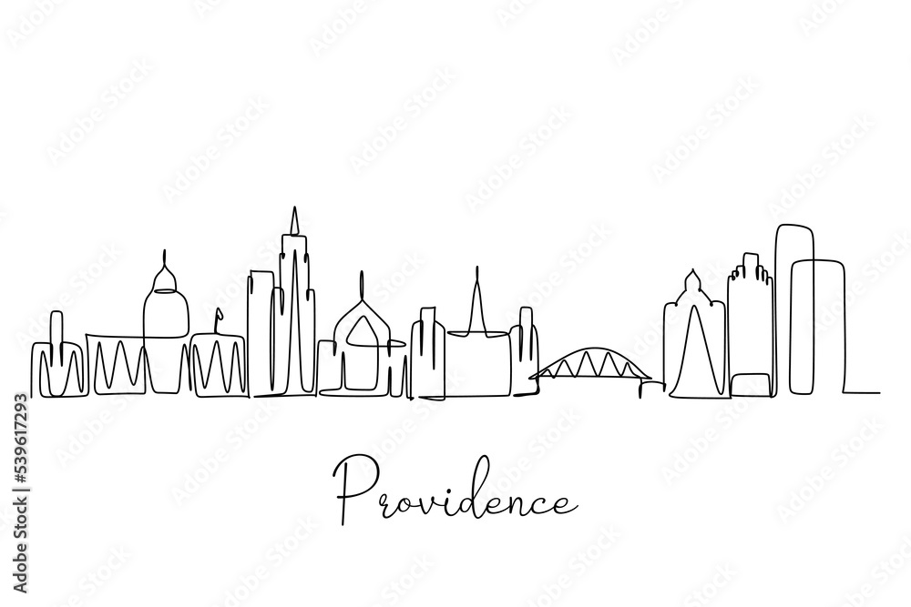 single line drawing of Providence city skyline, United States. Historical town landscape in the world. Best holiday destination. Editable stroke trendy continuous line draw design vector illustration