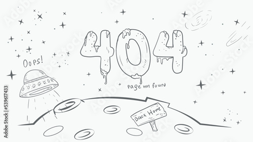 black and white page for the design of the web application error 404 large numbers on the background of a planet and a ufo drawing in the style of a doodle