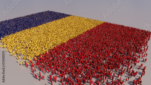 A Crowd of People congregating to form the Flag of Romania. Romanian Banner on White. photo