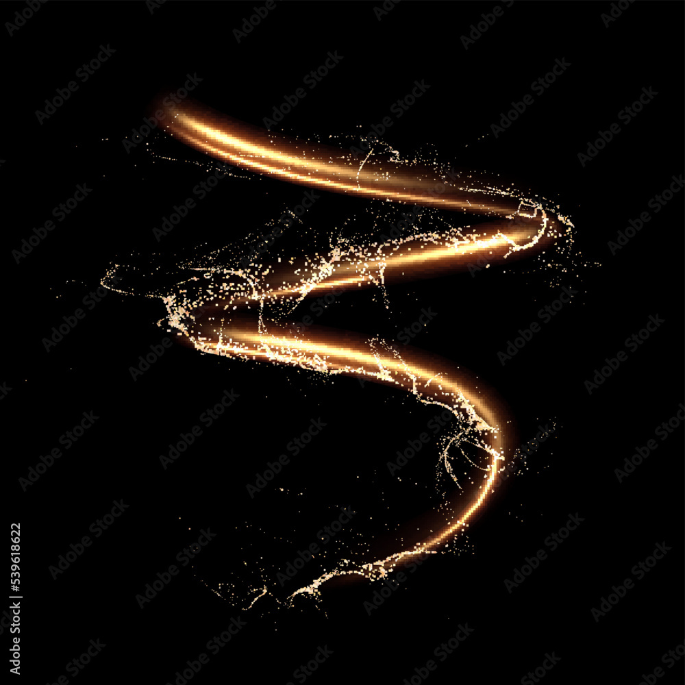 Golden shiny spiral line effect with magic dust particles effect flying around. Vector eps background.