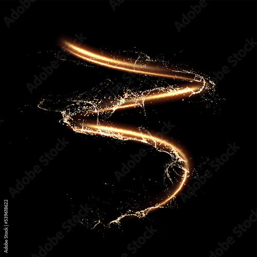 Golden shiny spiral line effect with magic dust particles effect flying around. Vector eps background. photo