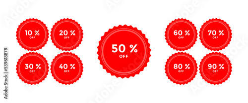 Sale red tag discount set. 10, 20, 25, 30, 35, 40, 50, 60, 70, 80 and 90 percent price clearance sticker badge label vector illustration