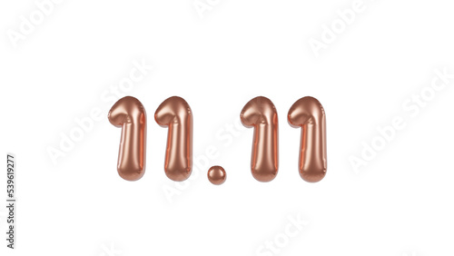 11.11 Promotion Sale Rose Gold balloon text style. 3D Render. 