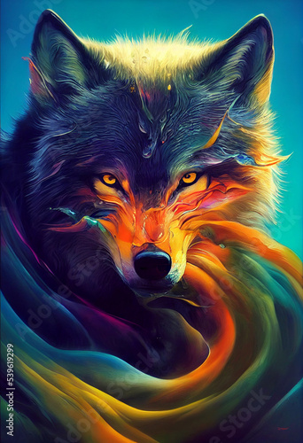 Abstract Liquid Colorful Paint with Wolf Background. Fearful Wolf Appear from Colorful Oil Paint Illustration