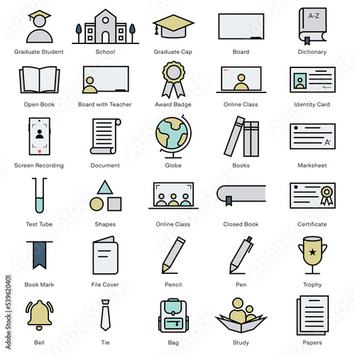 School Education Icon set, Collection of school academic sign and symbols, Outline Icons Template